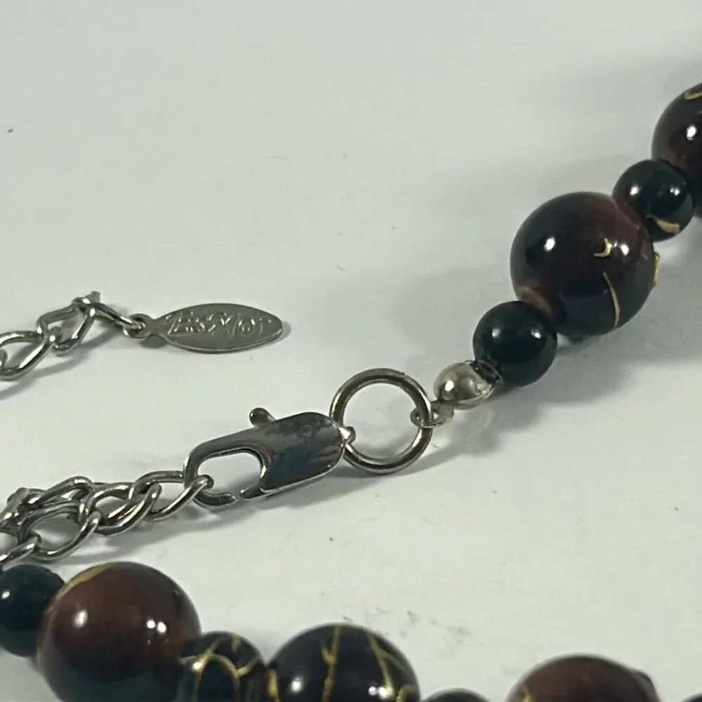 Esmor Beaded Necklace Brown Silver Tone Textured Graduated Ethnic 16-21